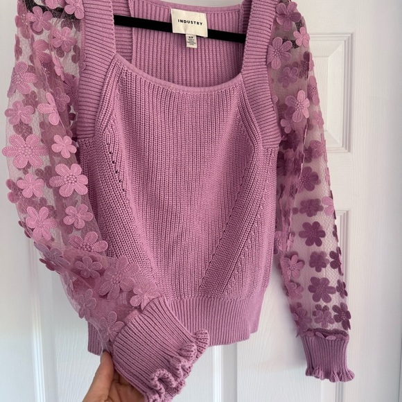 INDUSTRY Lilac Pink Cotton Knit Sweater Top w Sheer Floral Applique Sleeve S - Picture 5 of 12